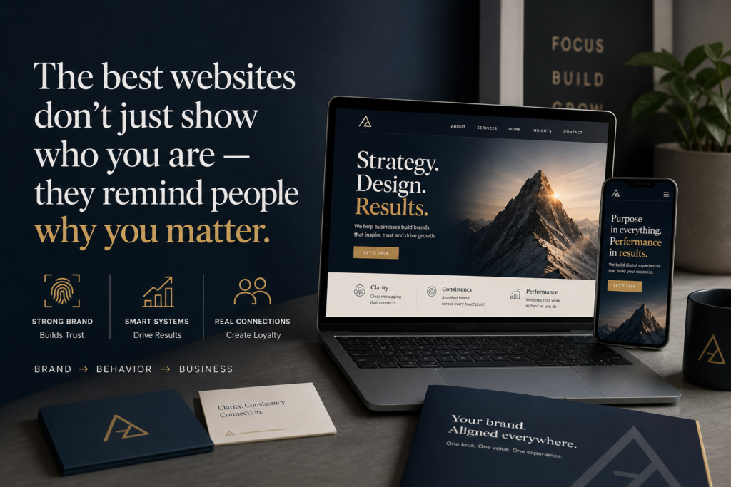 Branding agency website mockup on laptop and phone with the message “Strategy. Design. Results.”